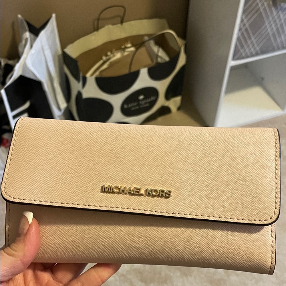 Michael Kors Pale Pink Saffiano Leather Flap Wallet with Gold Logo